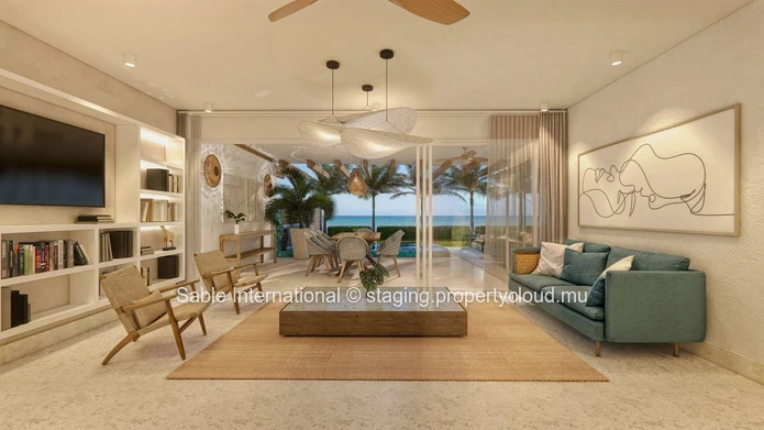 Bel appartement R+2 à vendre à Balaclava, Baie du Tombeau. 370m², 3 chambres, vue mer, piscine, jardin, parkings sécu...
