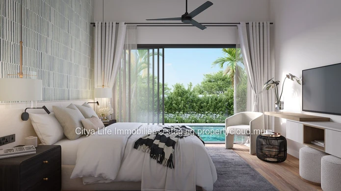 Villa PDS à vendre à Grand Baie, 176m² habitables sur terrain de 401m², 3 chambres, piscine privée. Prix : 680 000 €.