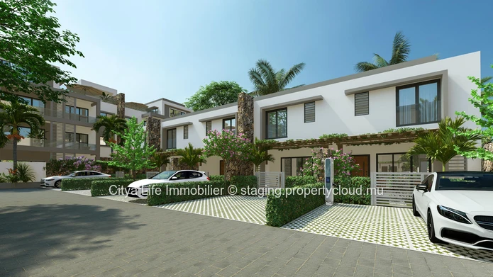 Townhouse/Duplex SCS à vendre à Tamarin, Rivière Noire. 152m², 3 chambres, bureau, piscine privée. Prix : Rs.