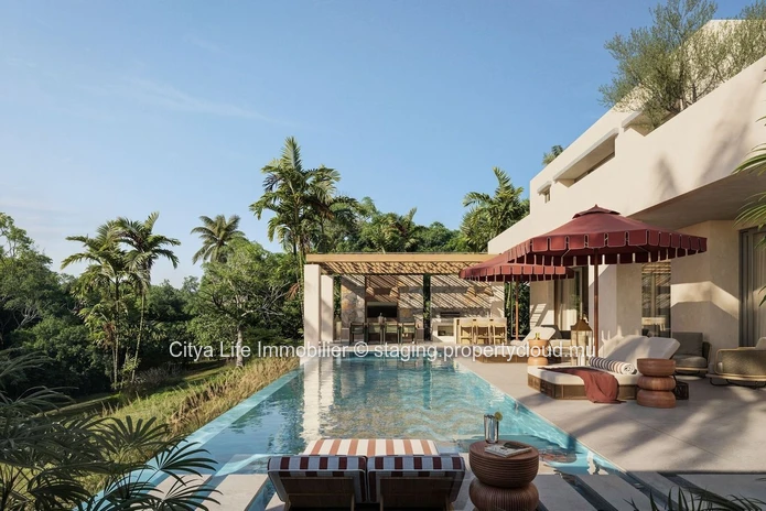Villa IRS à vendre à Bel Ombre, Sud. Surface habitable 282m², terrain 613m², 3 chambres, piscine privée. Prix €.