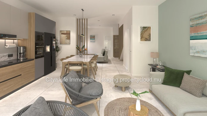 Townhouse/Duplex SCS à vendre à Tamarin, Rivière Noire. 152m², 3 chambres, bureau, piscine privée. Prix : Rs.