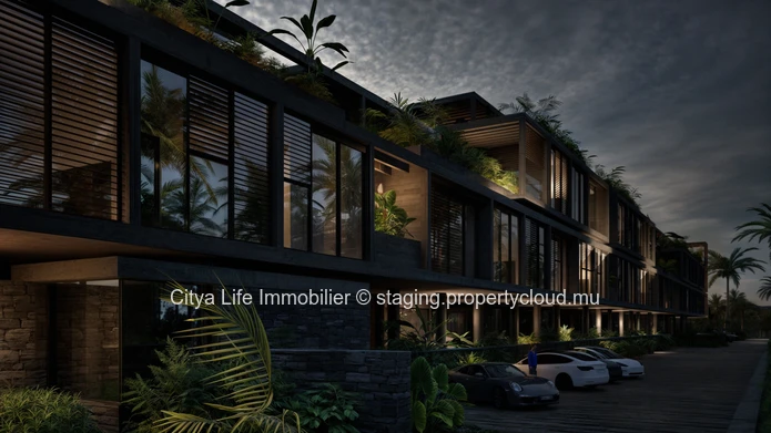 REZ+2 à vendre à Roches Noires, 146m², 3 chambres, piscine commune, terrain en toute propriété, accès toiture, généra...