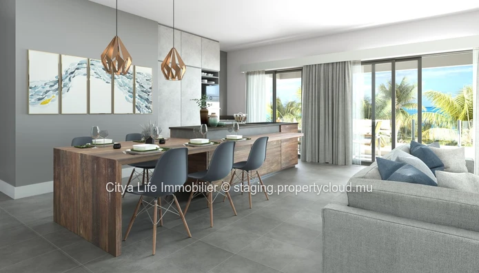REZ+2 à vendre à Pointe aux Canonniers, 108m², 2 chambres, piscine commune, proche commodités, meublé, prix $440 000.