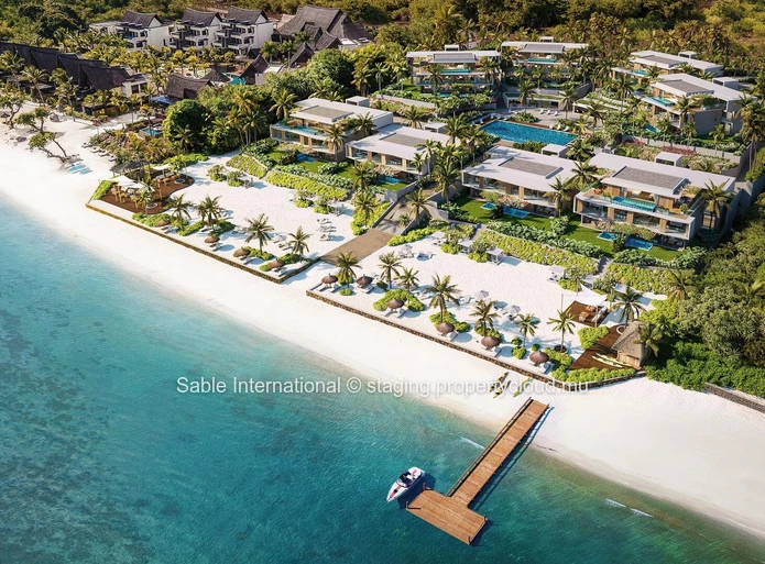 Bel appartement R+2 à vendre à Balaclava, Baie du Tombeau. 370m², 3 chambres, vue mer, piscine, jardin, parkings sécu...