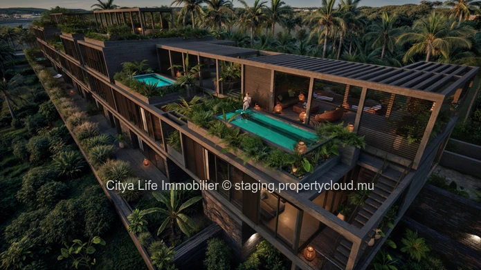 REZ+2 à vendre à Roches Noires, 146m², 3 chambres, piscine commune, terrain en toute propriété, accès toiture, généra...