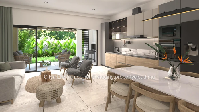 Townhouse/Duplex SCS à vendre à Tamarin, Rivière Noire. 152m², 3 chambres, bureau, piscine privée. Prix : Rs.