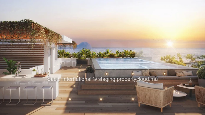 Appartement R+2 à vendre à Tamarin, Rivière Noire. 142m², 3 chambres, piscine commune, vue mer, proche commodités.